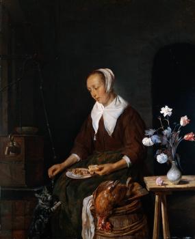 加佈裡埃爾 梅特囌 Woman Eating and Feeding her Cat 加佈裡埃爾 梅特囌 Woman Eating and Feeding her Cat